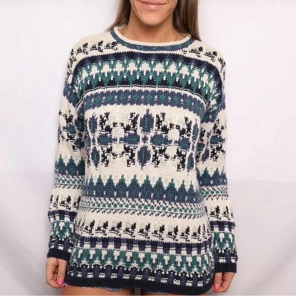 Vintage Blue and Green Fair Isle Crew Neck Knit Sweater - Picture 1 of 5